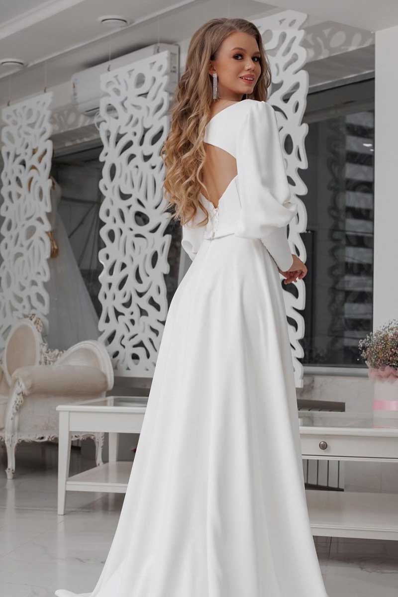 K1273 - Scoop Long Sleeves Cut Outs Satin A-Line Long Wedding Dress With Slit