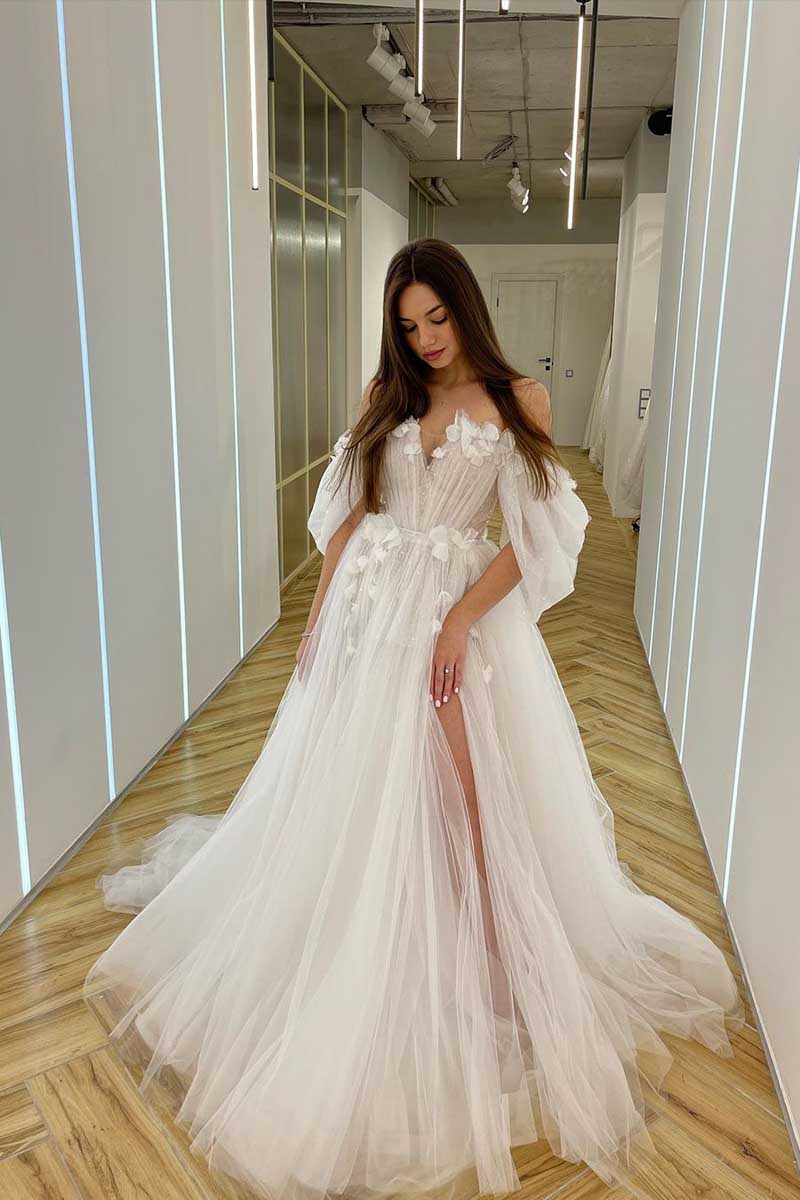 K1274 - V-Neck Off-Shoulder Appliqued Tulle A-Line Long Wedding Gown With Slit