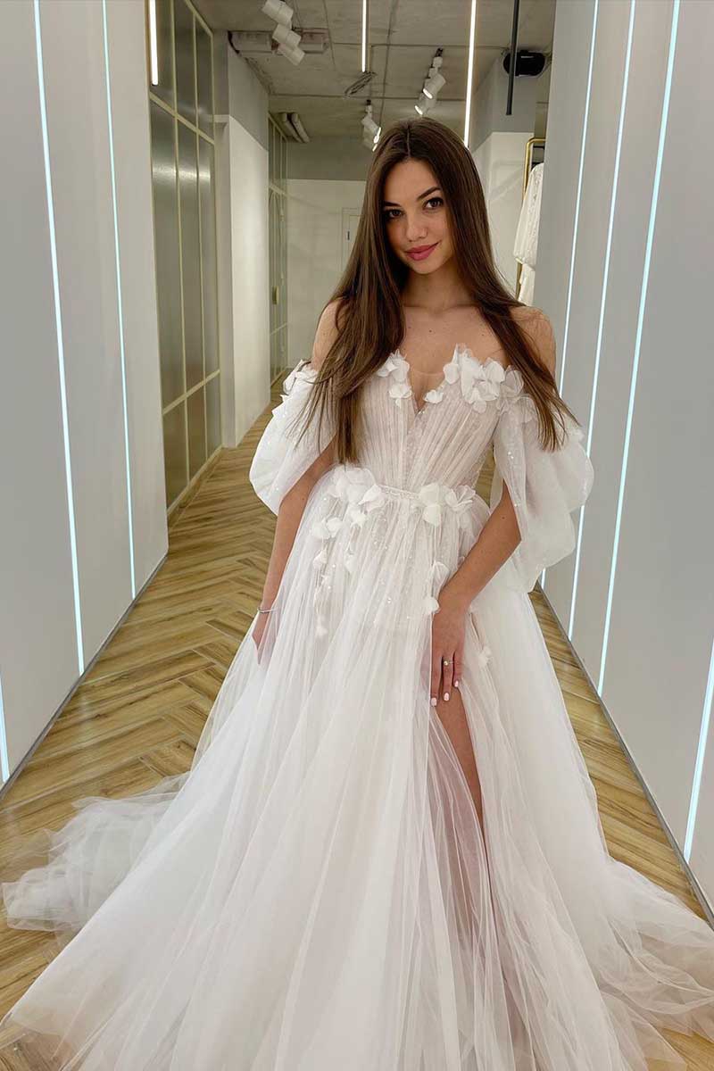 K1274 - V-Neck Off-Shoulder Appliqued Tulle A-Line Long Wedding Gown With Slit