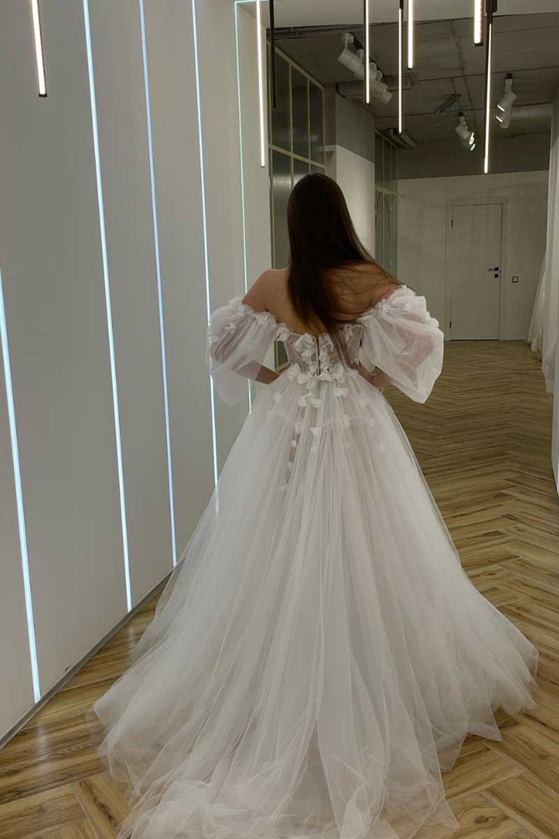 K1274 - V-Neck Off-Shoulder Appliqued Tulle A-Line Long Wedding Gown With Slit