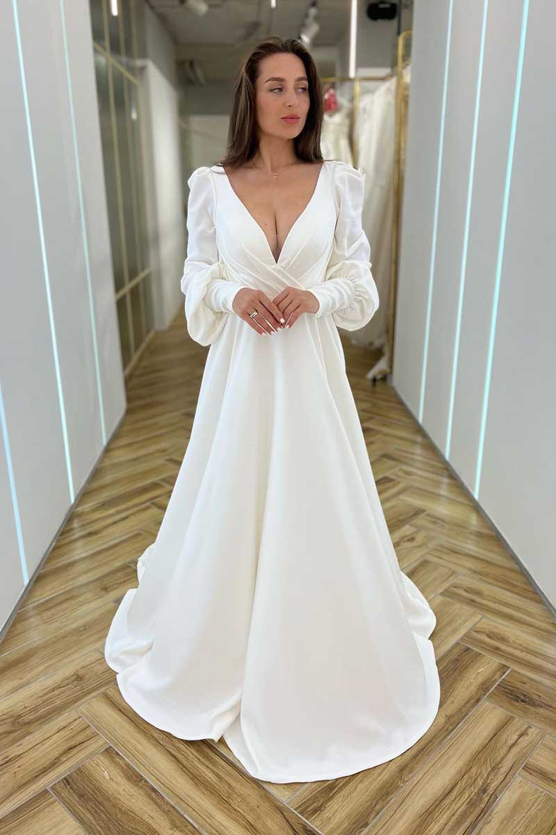 K1275 - Low V-Neck Long Sleeves Ruched Satin A-Line Long Wedding Gown