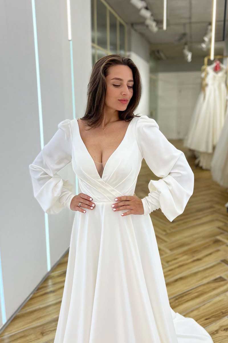 K1275 - Low V-Neck Long Sleeves Ruched Satin A-Line Long Wedding Gown