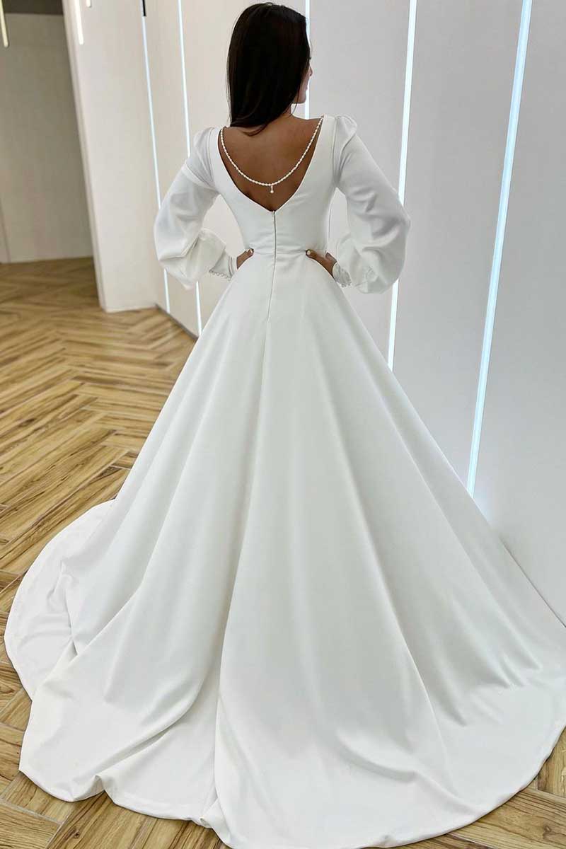 K1275 - Low V-Neck Long Sleeves Ruched Satin A-Line Long Wedding Gown