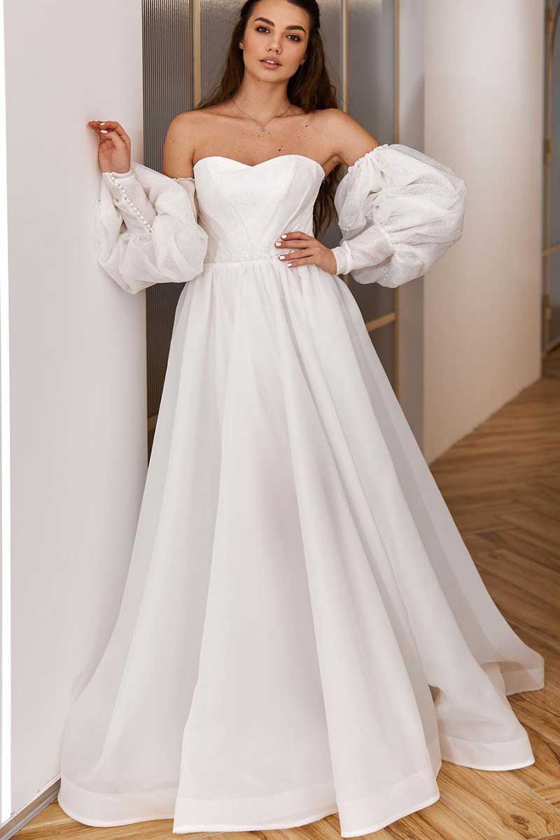 K1276 - Sweetheart Strapless A-Line Long Wedding Dress With Detachable Sleeves