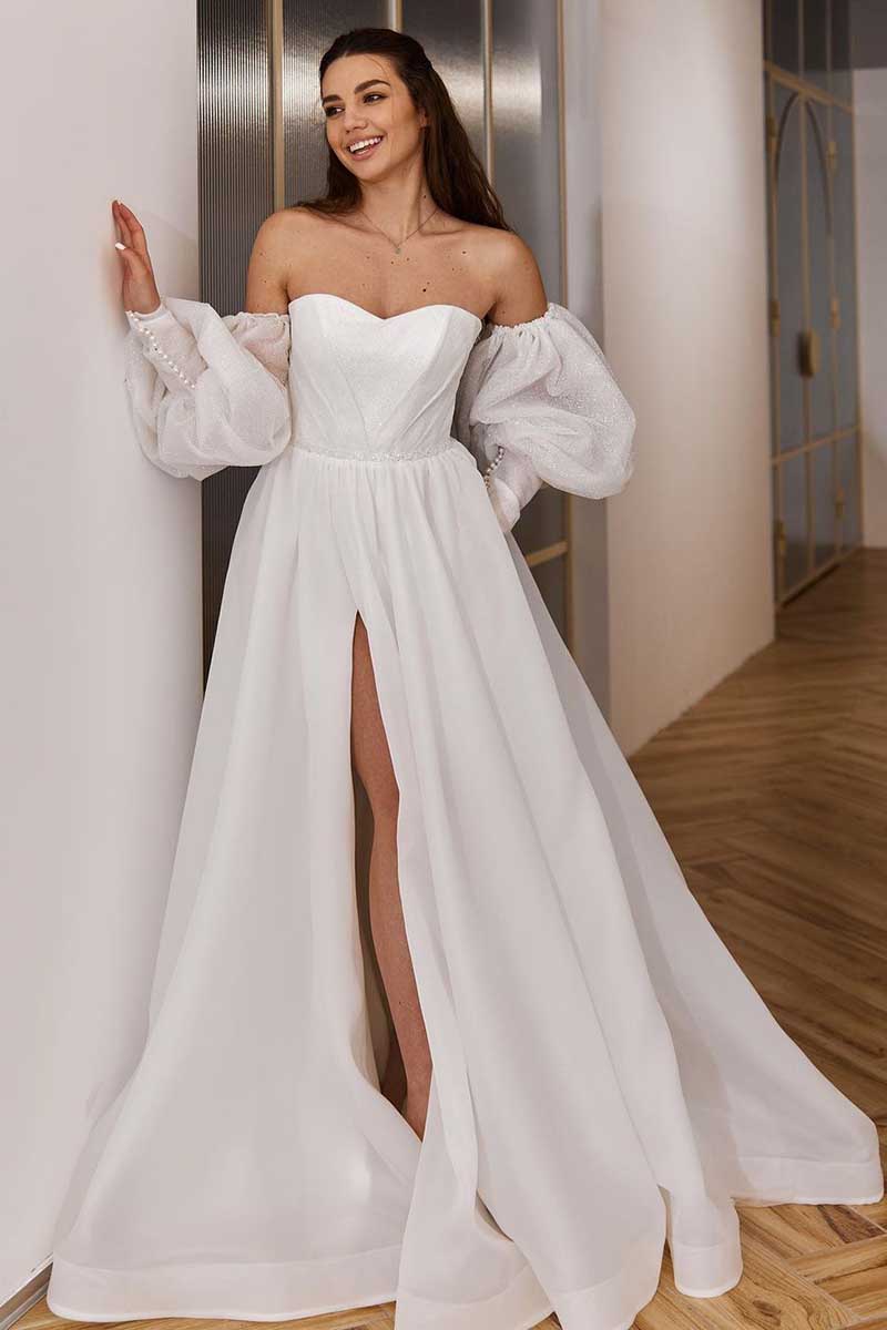 K1276 - Sweetheart Strapless A-Line Long Wedding Dress With Detachable Sleeves