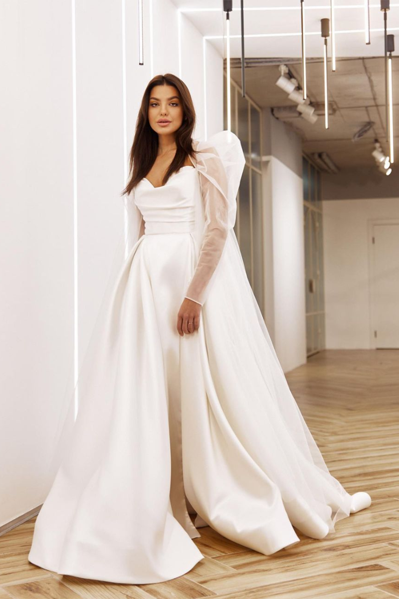 K1277 - Sweetheart Strapless Ruched Satin A-Line Long Wedding Gown With Shawl