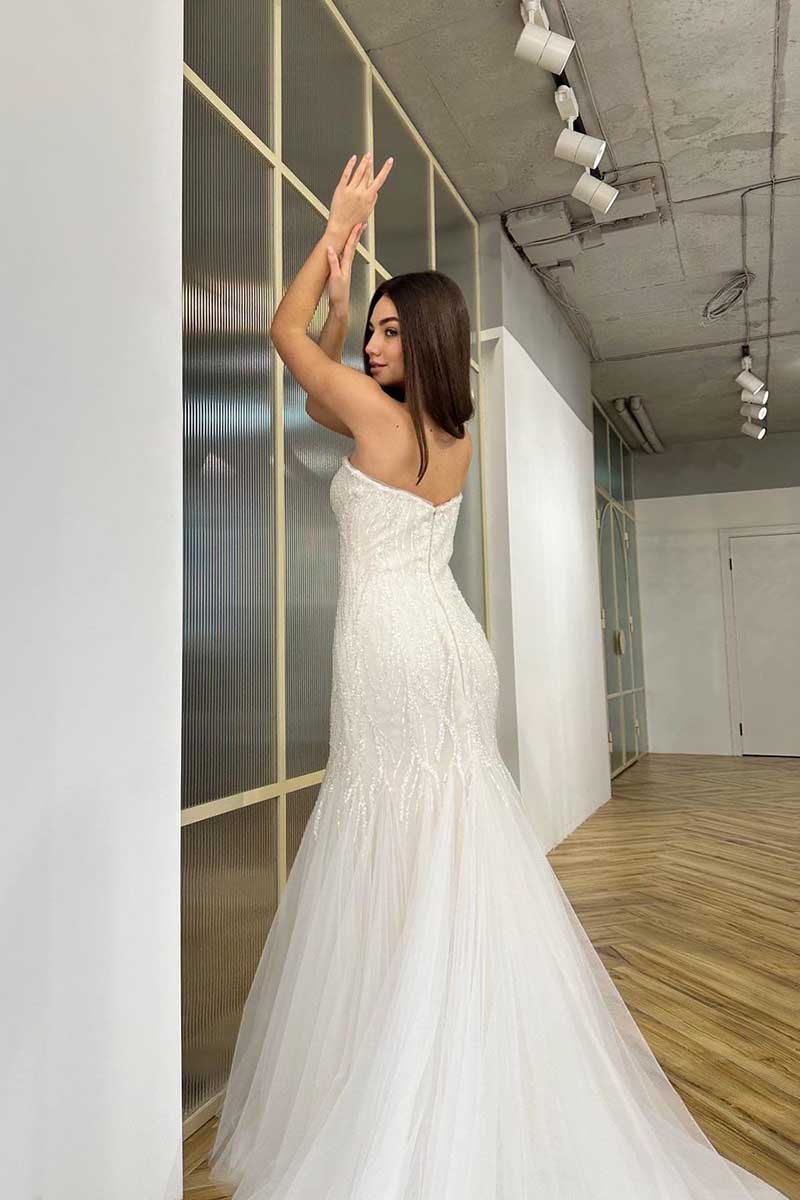 K1278 - Sweetheart Strapless Sequined Tulle Sheath Long Wedding Gown