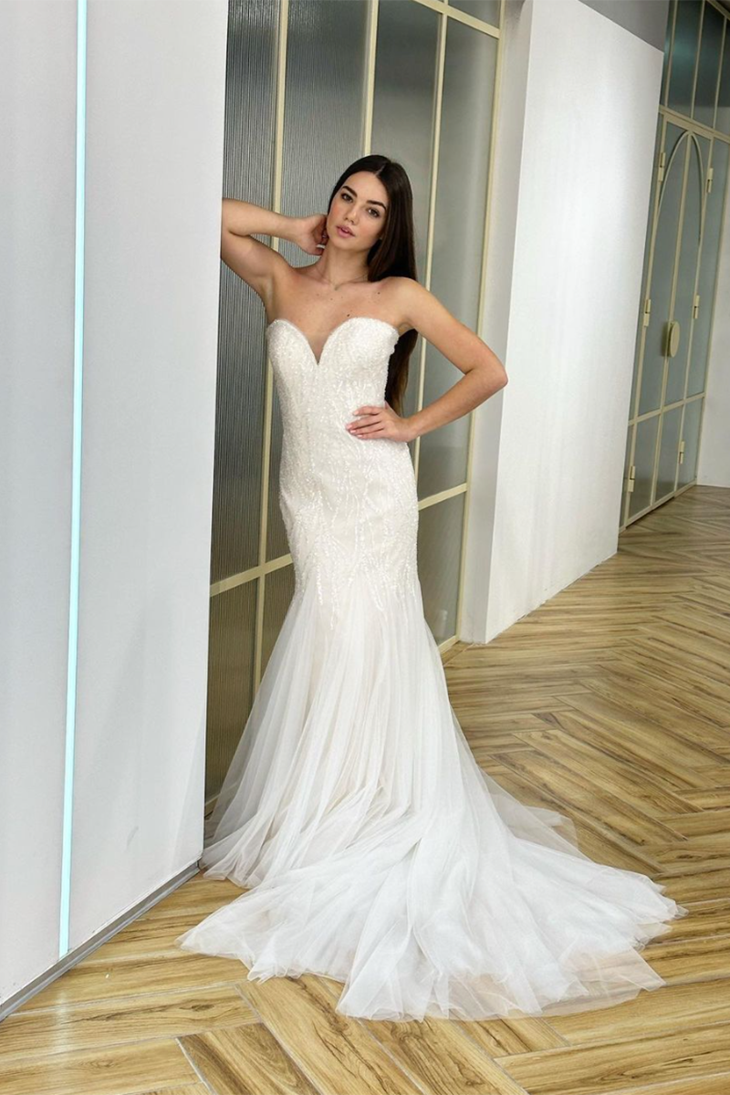 K1278 - Sweetheart Strapless Sequined Tulle Sheath Long Wedding Gown