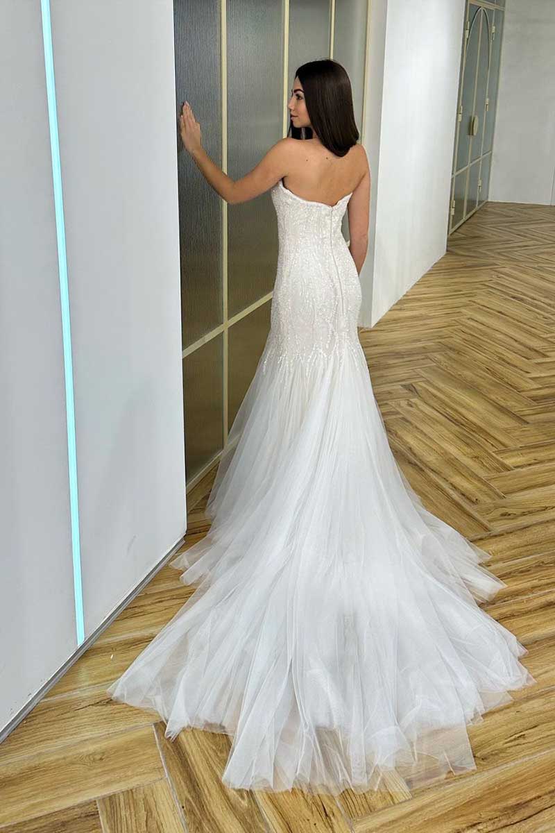 K1278 - Sweetheart Strapless Sequined Tulle Sheath Long Wedding Gown