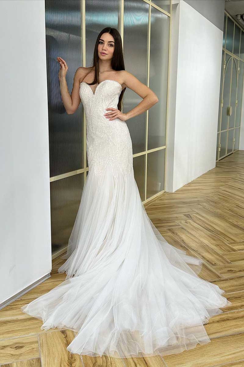 K1278 - Sweetheart Strapless Sequined Tulle Sheath Long Wedding Gown