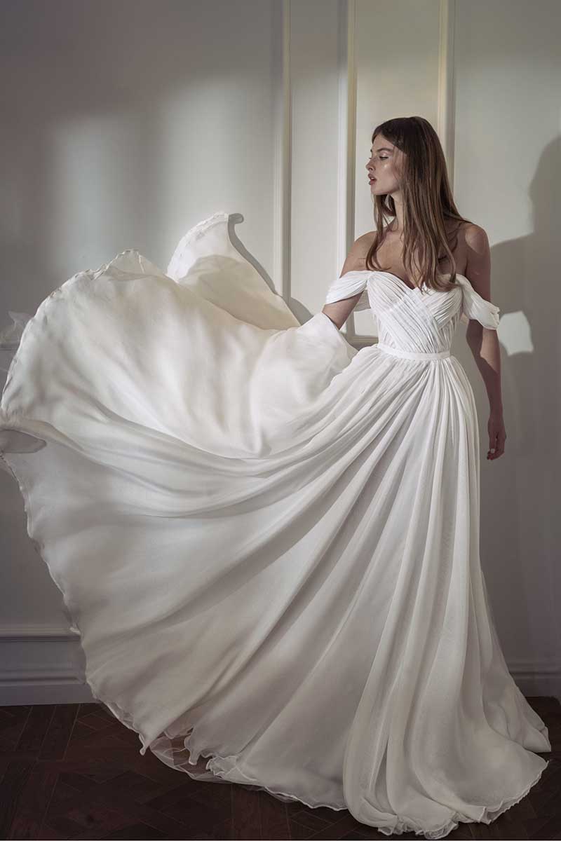 K1282 - Off-Shoulder Sleeveless Ruched Tulle A-Line Long Wedding Gown