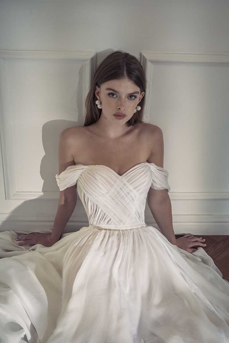 K1282 - Off-Shoulder Sleeveless Ruched Tulle A-Line Long Wedding Gown