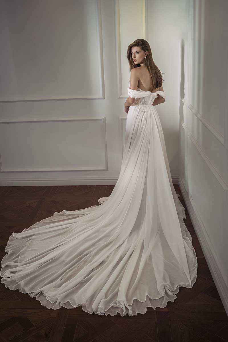 K1282 - Off-Shoulder Sleeveless Ruched Tulle A-Line Long Wedding Gown