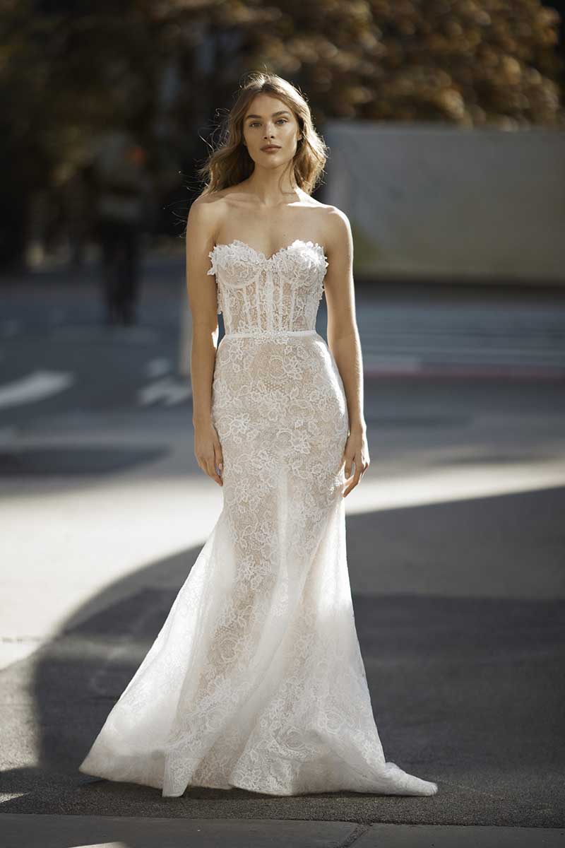 K1283 - Sweetheart Strapless Lace Appliqued Sheer Mermaid Long Wedding Gown