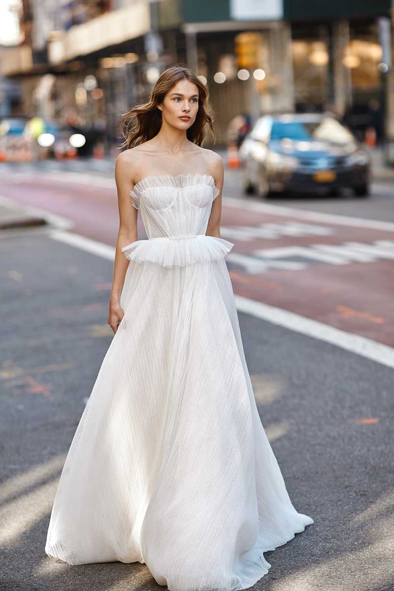 K1284 - Strapless Sleeveless Ruched Tulle A-Line Long Wedding Gown