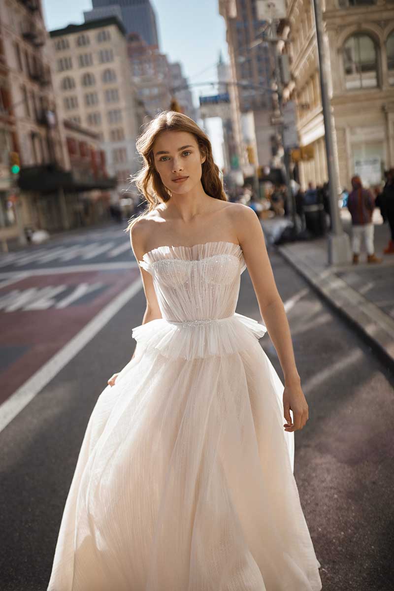 K1284 - Strapless Sleeveless Ruched Tulle A-Line Long Wedding Gown