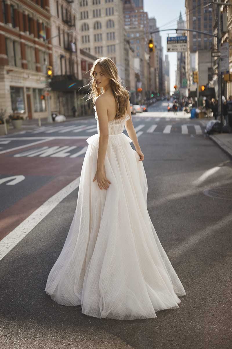 K1284 - Strapless Sleeveless Ruched Tulle A-Line Long Wedding Gown