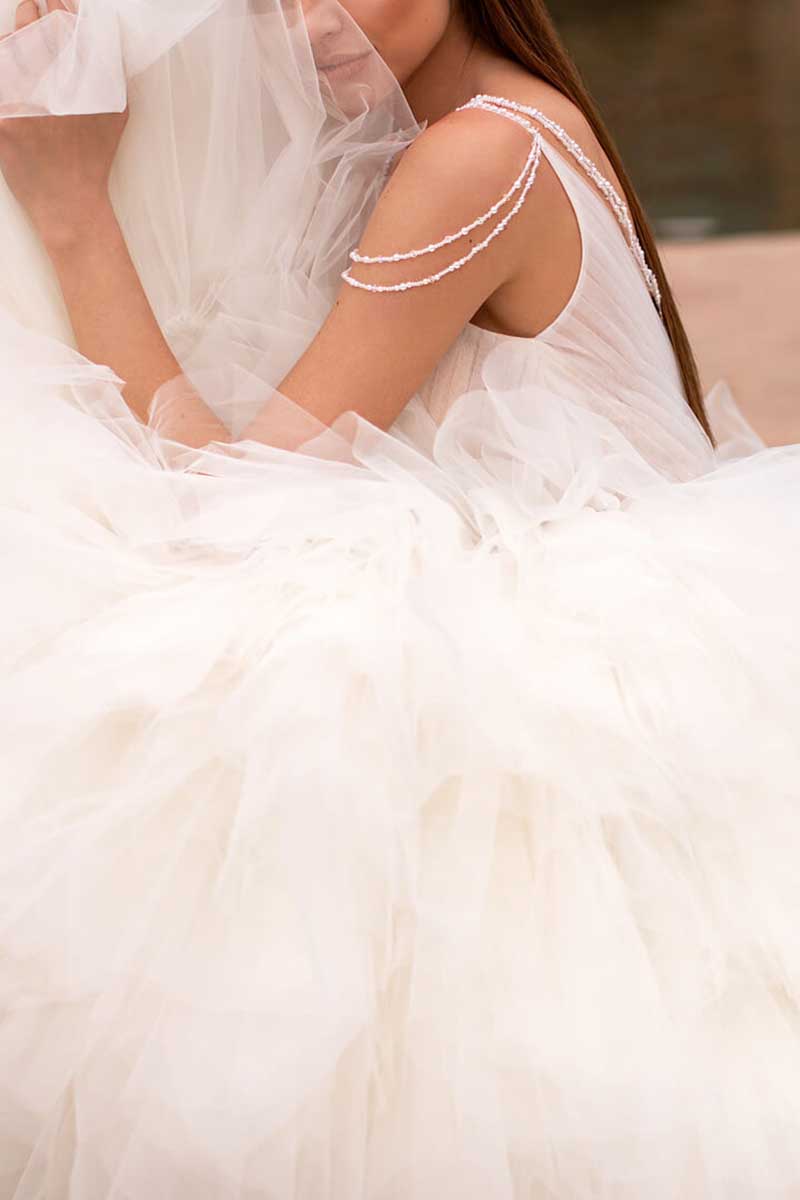 K1286 - Low V-Neck Spaghetti Straps Beaded Ruched Tulle Ball Wedding Gown