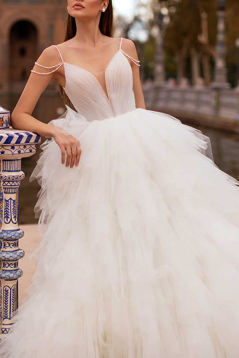 K1286 - Low V-Neck Spaghetti Straps Beaded Ruched Tulle Ball Wedding Gown