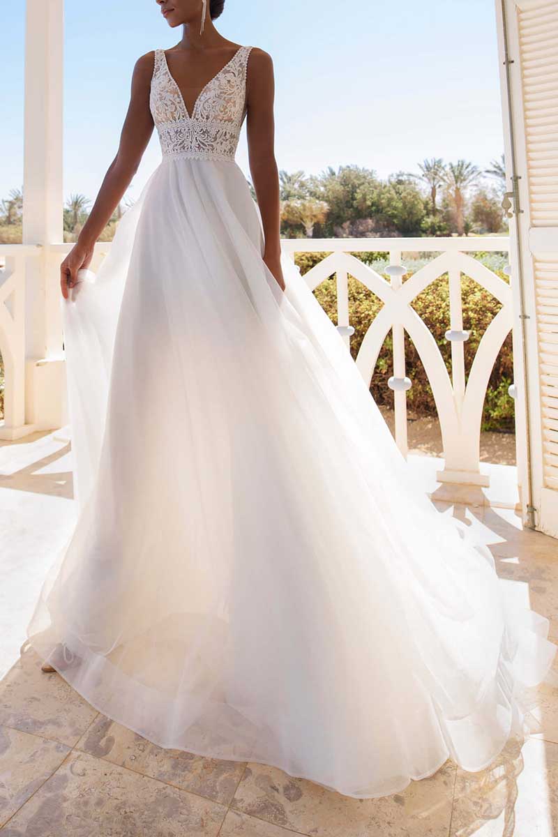 K1287 - V-Neck Sleeveless Sheer Lace Tulle A-Line Long Wedding Gown