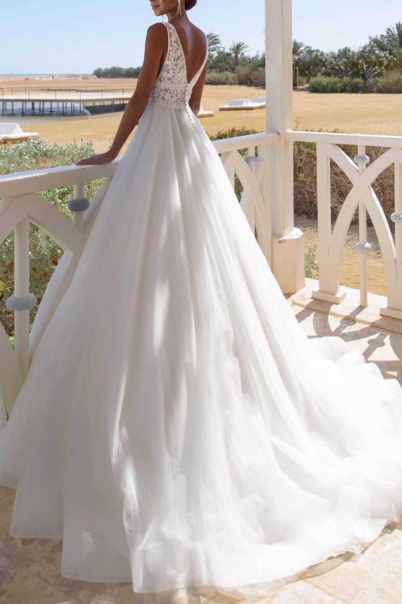 K1287 - V-Neck Sleeveless Sheer Lace Tulle A-Line Long Wedding Gown