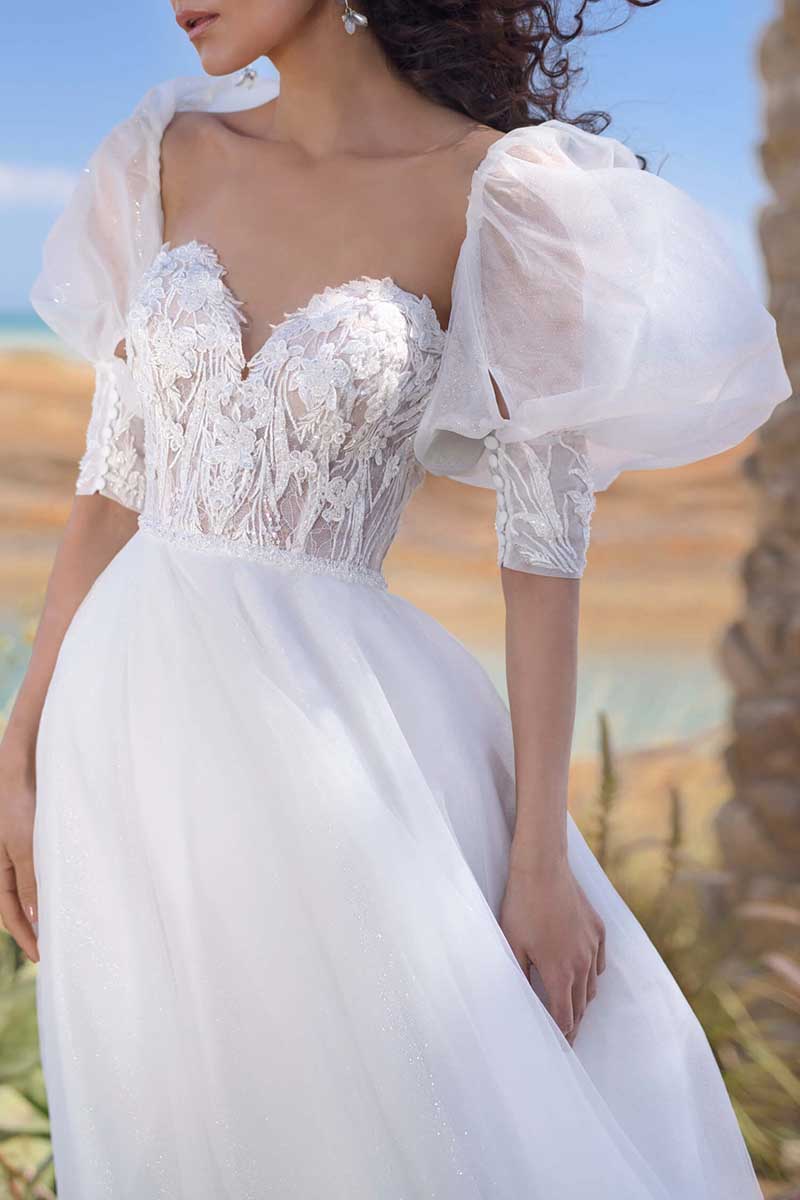 K1288 - Sweetheart Half Sleeves Lace Appliqued Tulle Ball Wedding Gown