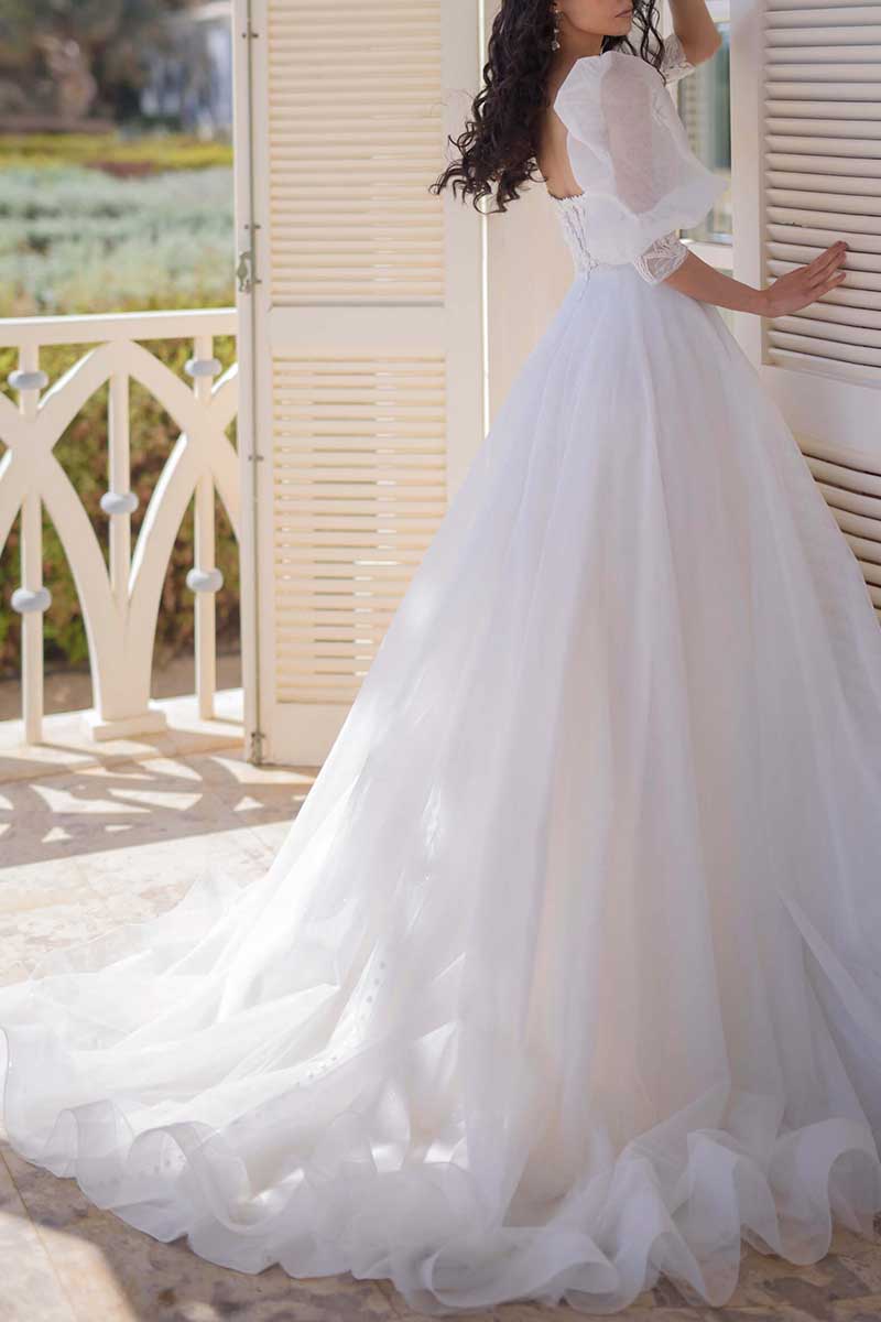 K1288 - Sweetheart Half Sleeves Lace Appliqued Tulle Ball Wedding Gown