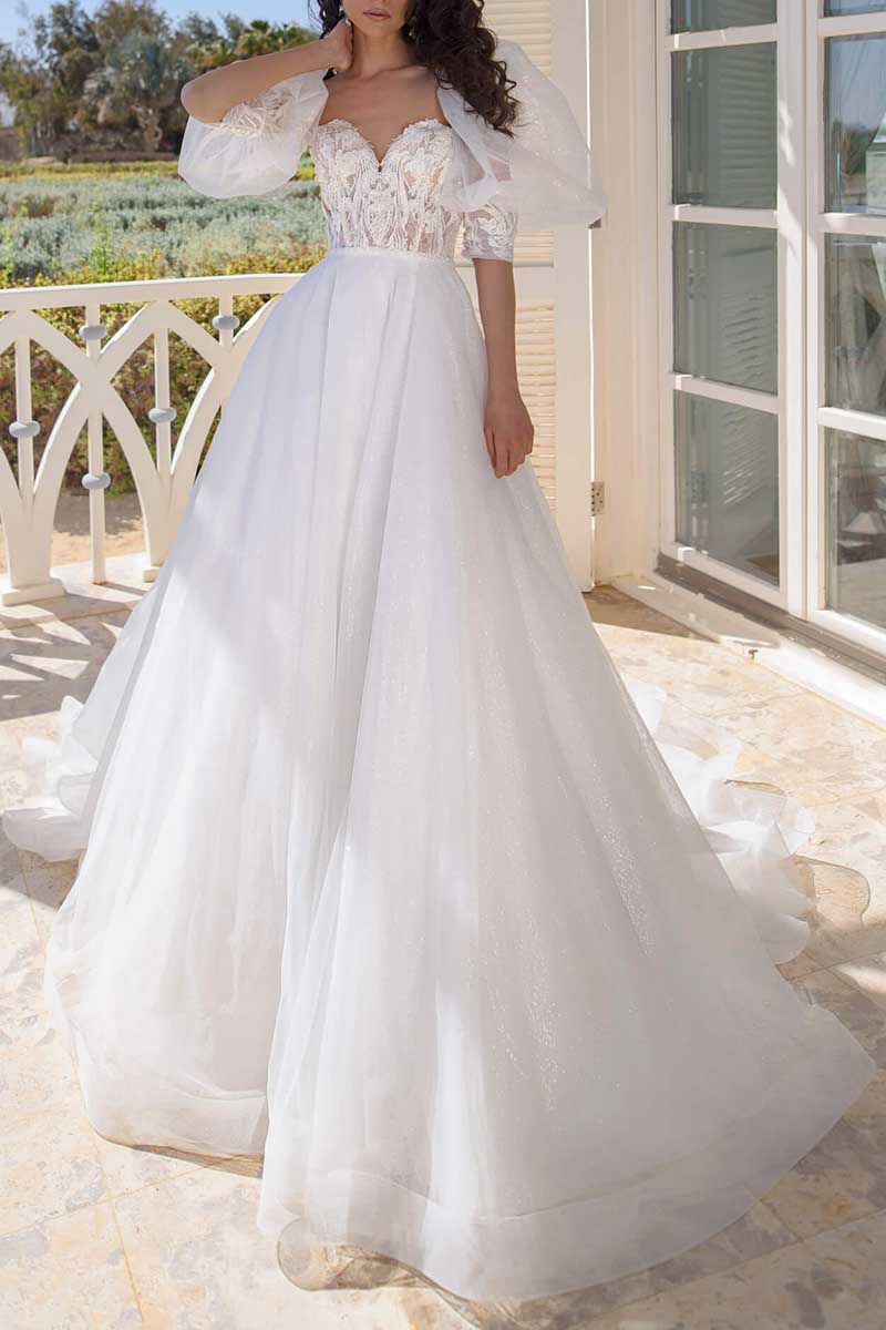 K1288 - Sweetheart Half Sleeves Lace Appliqued Tulle Ball Wedding Gown