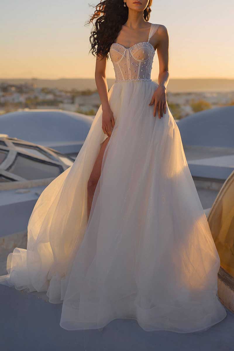 K1289 - Sweetheart Sleeveless Beaded Ruched Tulle A-Line Long Wedding Gown