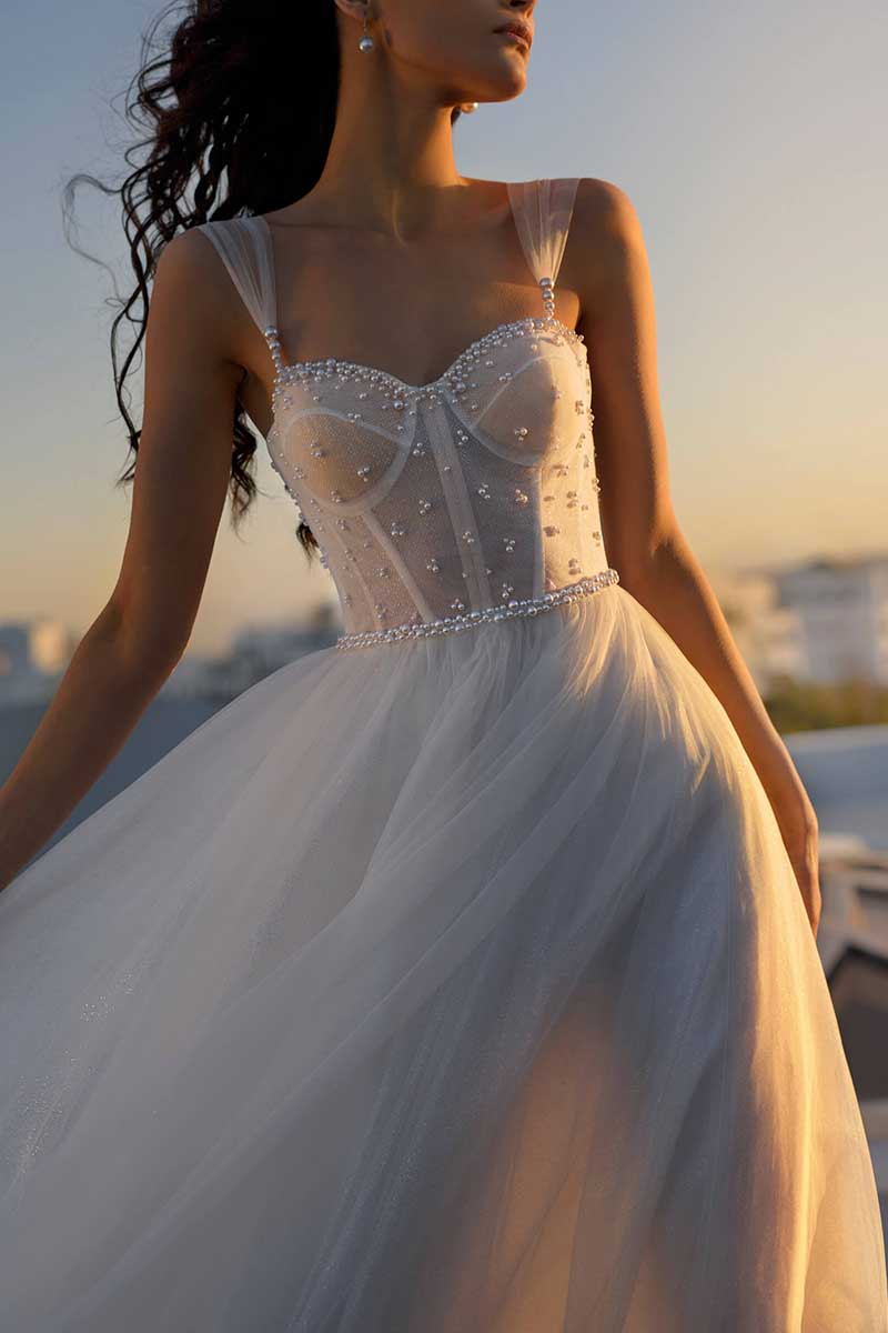 K1289 - Sweetheart Sleeveless Beaded Ruched Tulle A-Line Long Wedding Gown