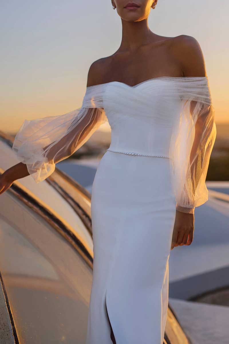 K1291 - Off-Shoulder Long Sleeves Beaded Ruched Mermaid Long Wedding Gown