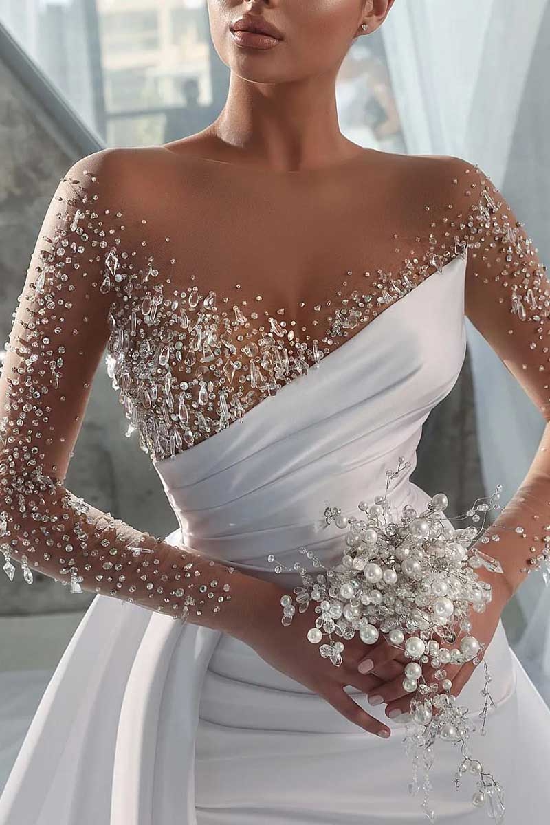 K1293 - V-Neck Long Sleeves Beaded Ruched Satin Sheath Long Wedding Gown