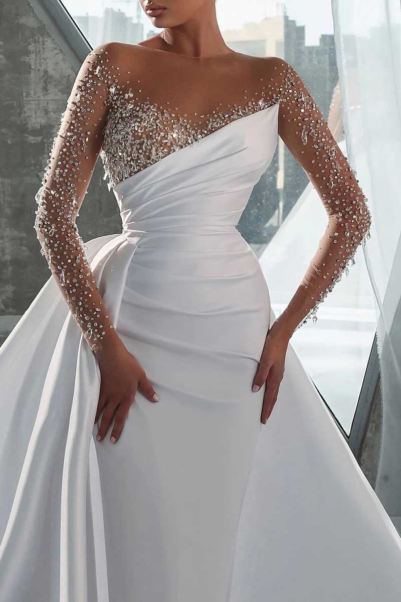 K1293 - V-Neck Long Sleeves Beaded Ruched Satin Sheath Long Wedding Gown