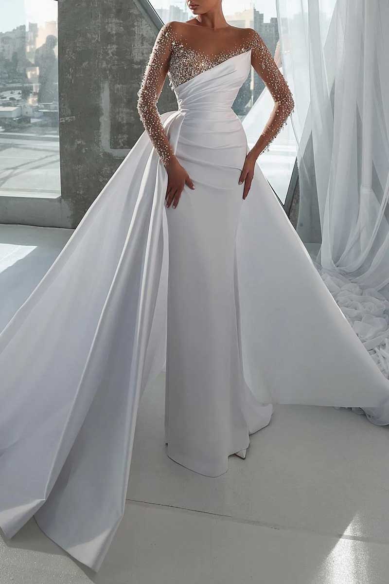 K1293 - V-Neck Long Sleeves Beaded Ruched Satin Sheath Long Wedding Gown