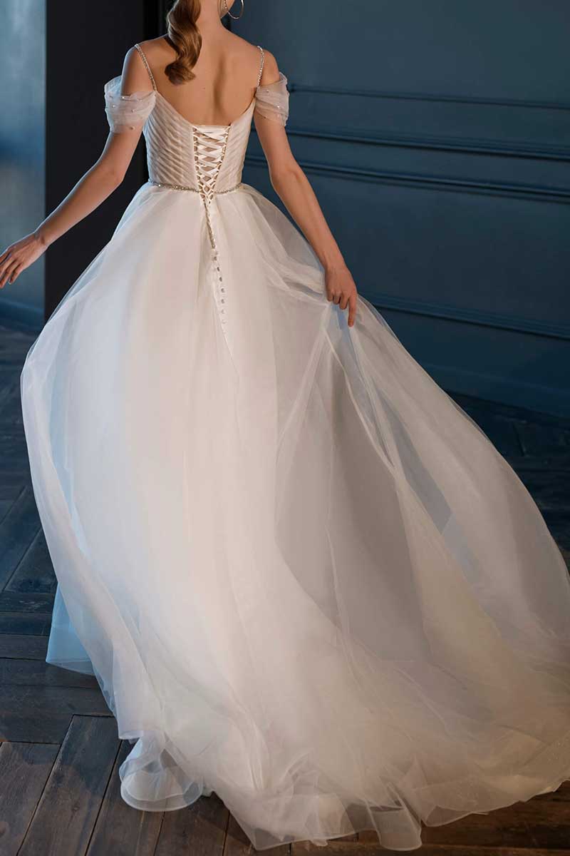 K1294 - V-Neck Off-Shoulder Ruched Sheer Tulle A-Line Long Wedding Gown