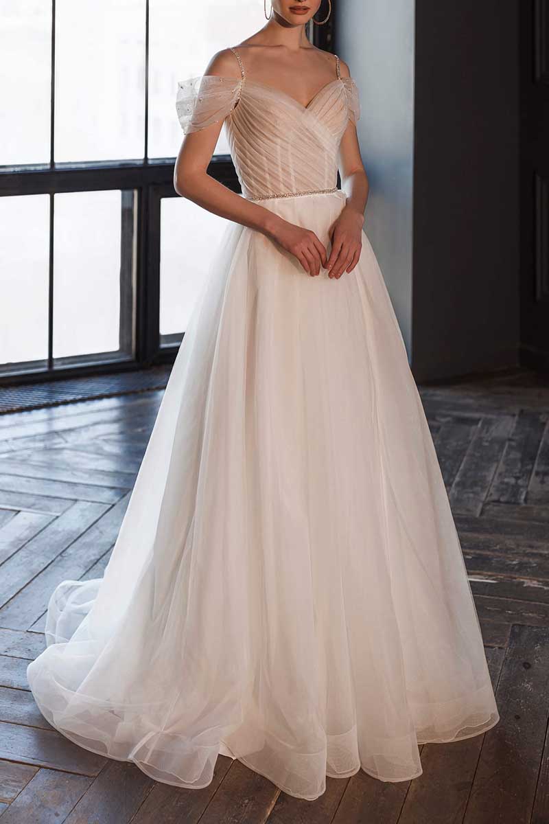 K1294 - V-Neck Off-Shoulder Ruched Sheer Tulle A-Line Long Wedding Gown