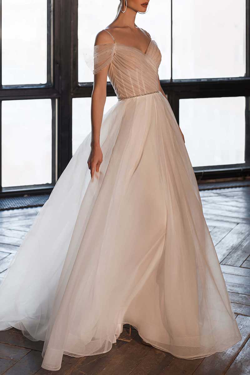 K1294 - V-Neck Off-Shoulder Ruched Sheer Tulle A-Line Long Wedding Gown