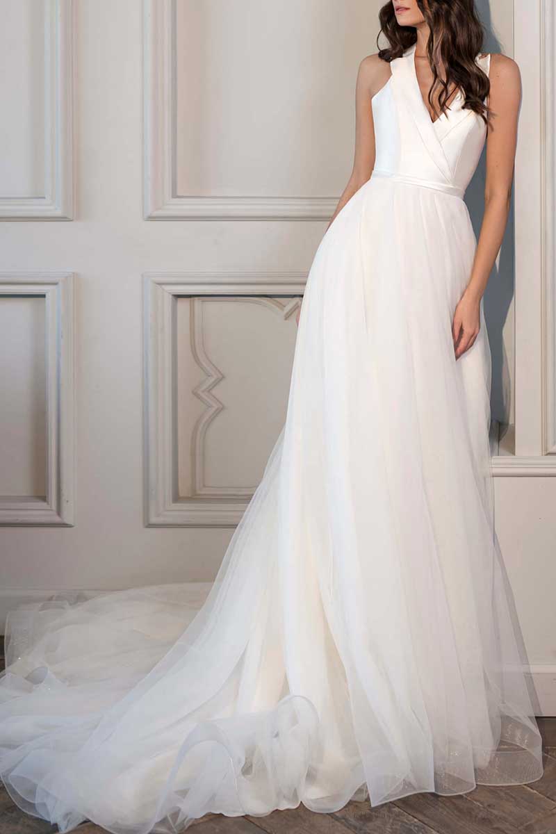 K1295 - V-Neck Sleeveless Satin Tulle A-Line Long Wedding Gown With Sweep Train