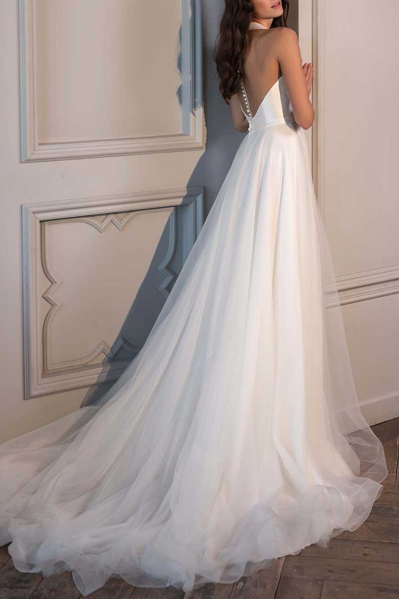 K1295 - V-Neck Sleeveless Satin Tulle A-Line Long Wedding Gown With Sweep Train