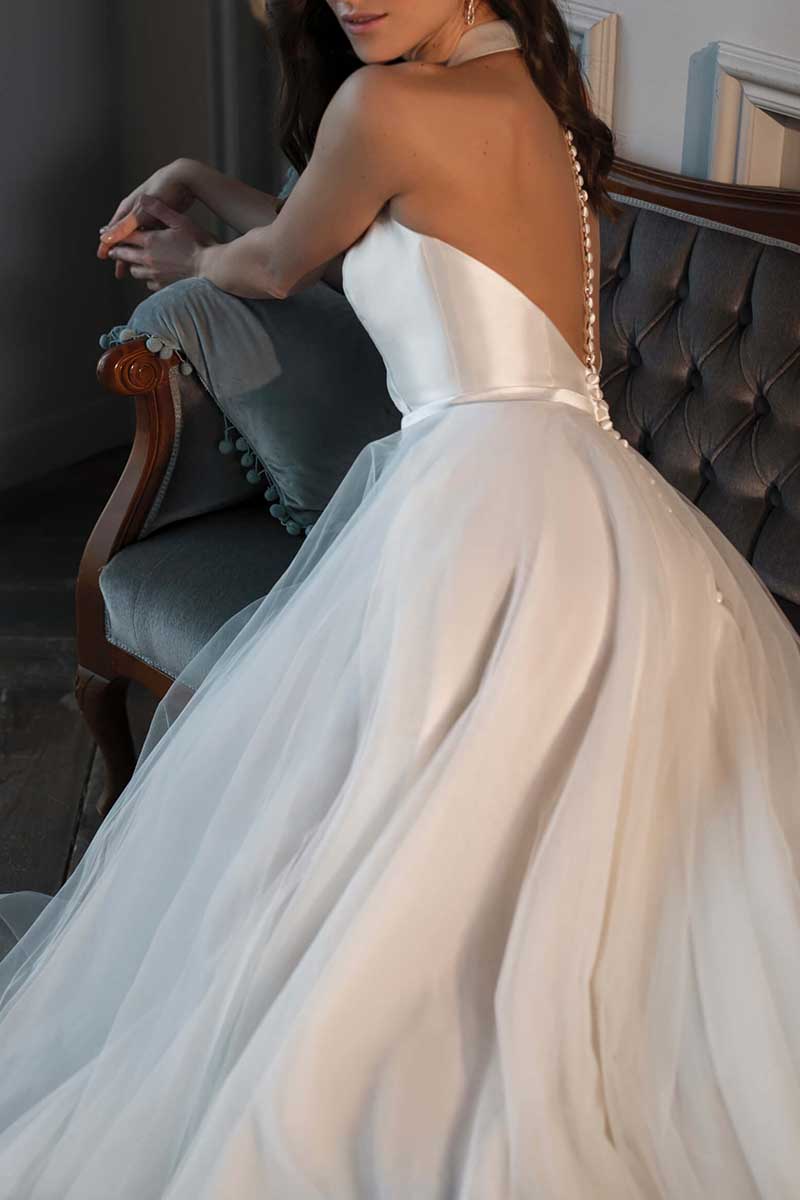 K1295 - V-Neck Sleeveless Satin Tulle A-Line Long Wedding Gown With Sweep Train