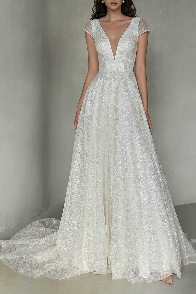 K1296 - Low V-Neck Cap Sleeves Sparkly Satin A-Line Long Wedding Gown