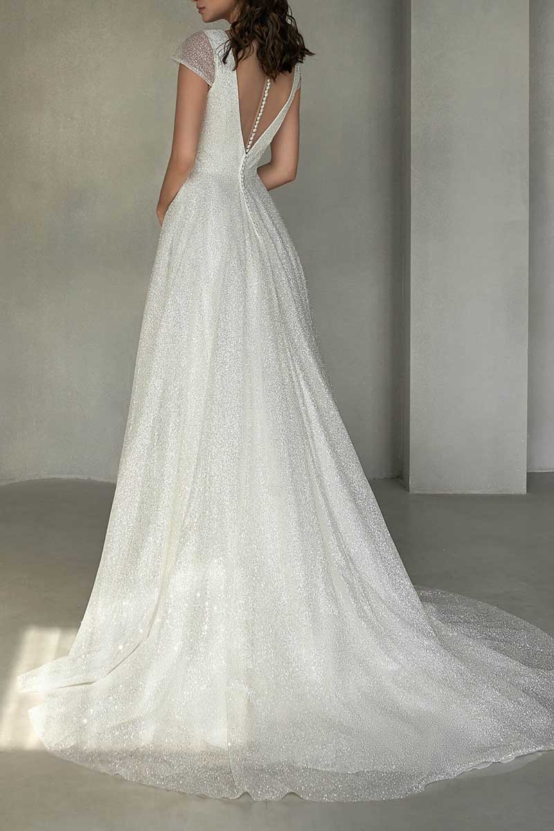 K1296 - Low V-Neck Cap Sleeves Sparkly Satin A-Line Long Wedding Gown