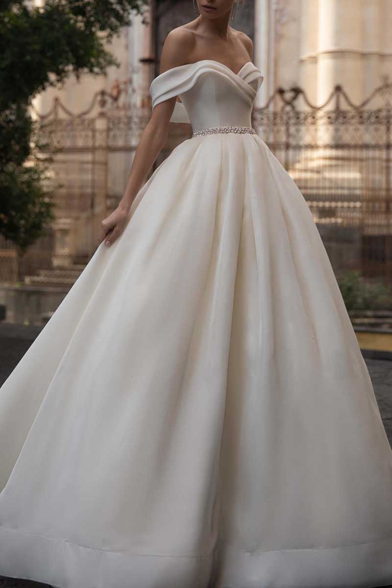 K1297 - Off-Shoulder Sleeveless Ruched Beaded Satin Ball Wedding Gown