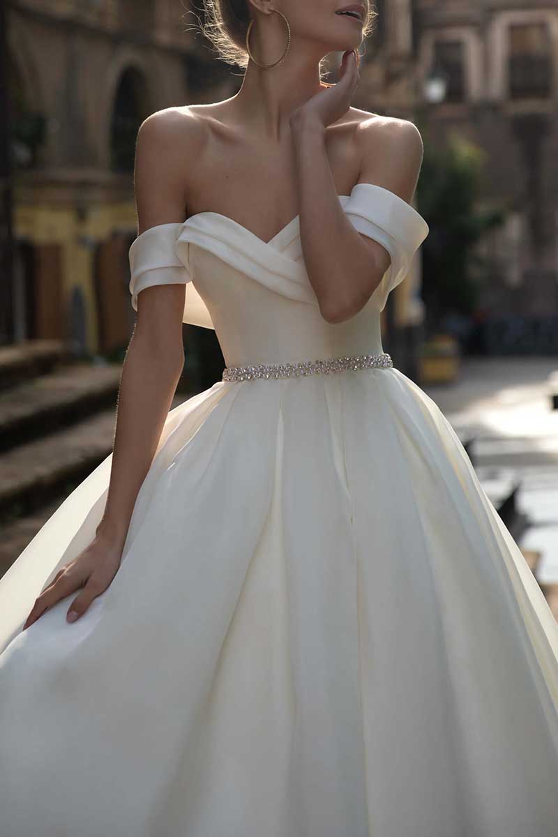 K1297 - Off-Shoulder Sleeveless Ruched Beaded Satin Ball Wedding Gown