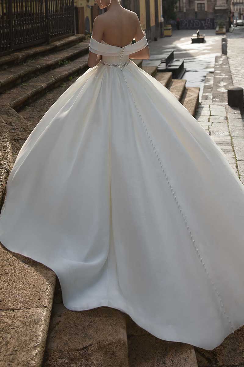 K1297 - Off-Shoulder Sleeveless Ruched Beaded Satin Ball Wedding Gown