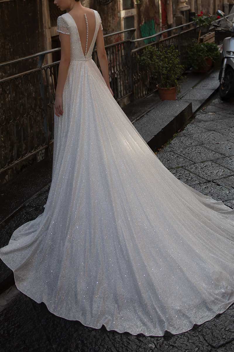 K1298 - Low V-Neck Cap Sleeves Beaded Sparkly A-Line Long Wedding Gown