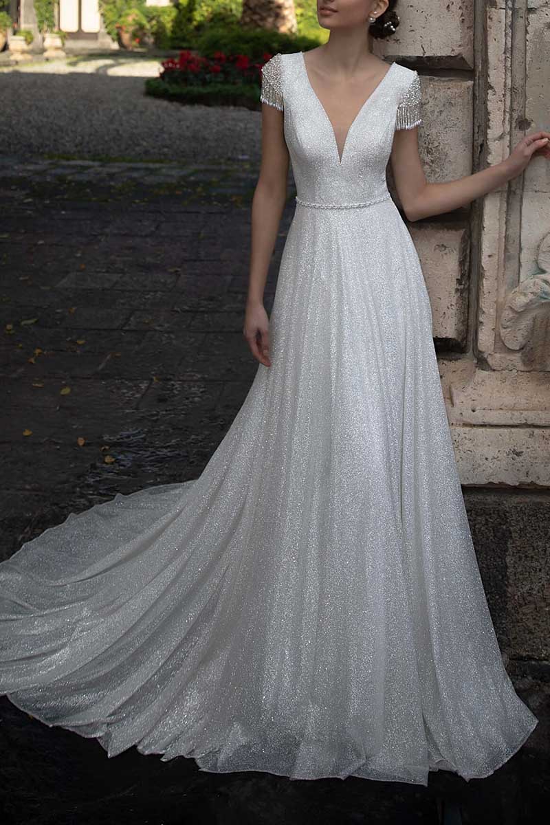 K1298 - Low V-Neck Cap Sleeves Beaded Sparkly A-Line Long Wedding Gown