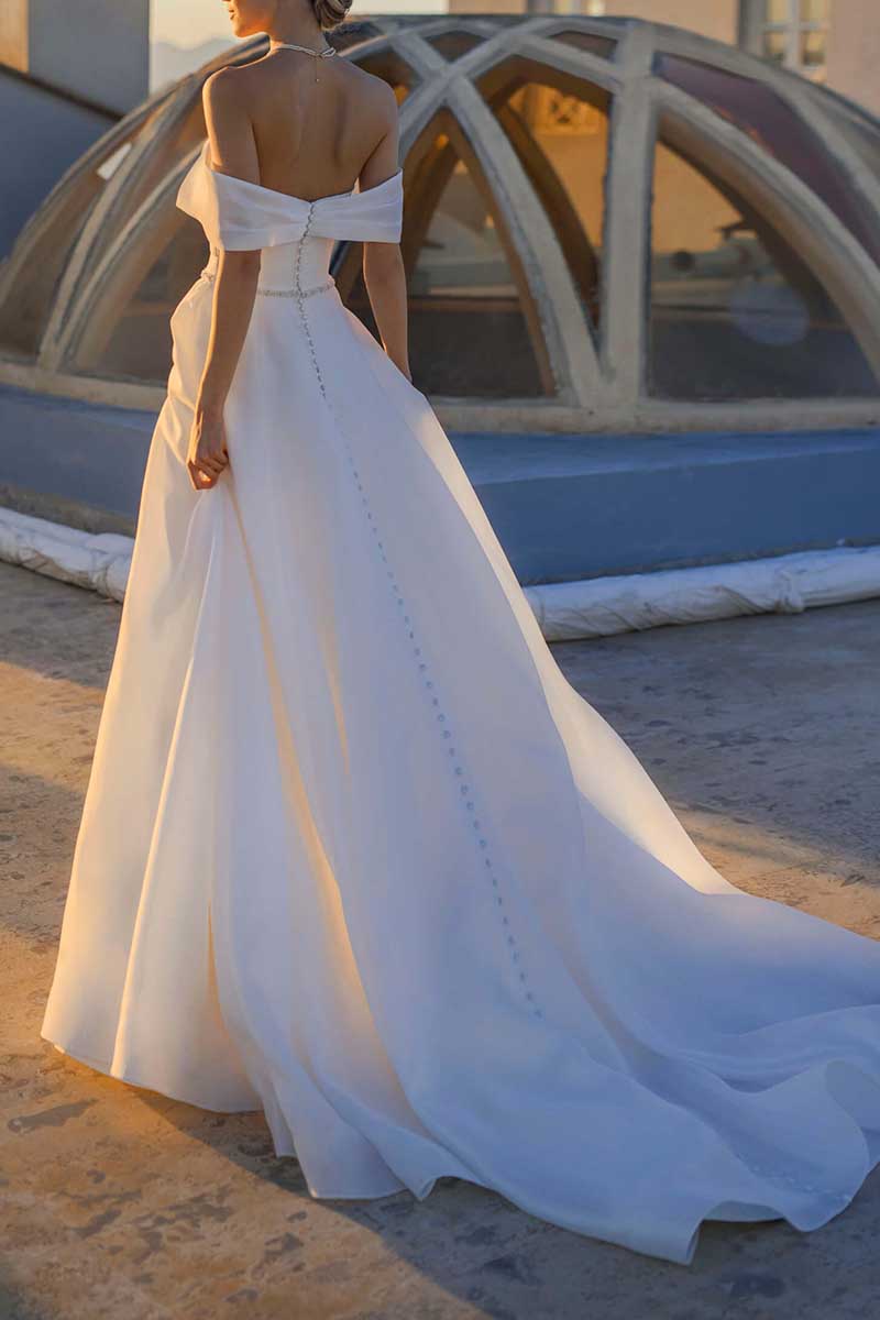 K1299 - Off-Shoulder Sleeeveless Ruched Beaded Satin A-Line Long Wedding Gown