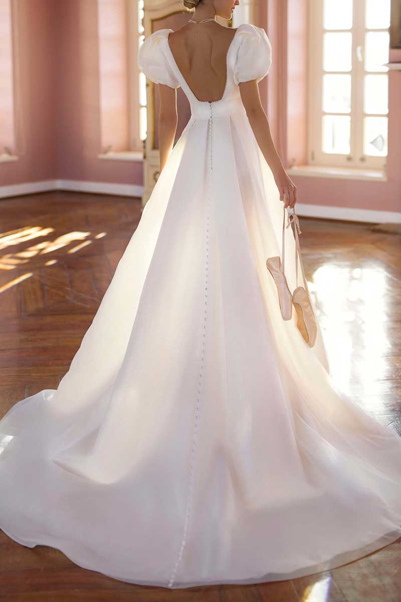 K1300 - V-Neck Short Sleeves Beaded Ruched Satin A-Line Long Wedding Gown