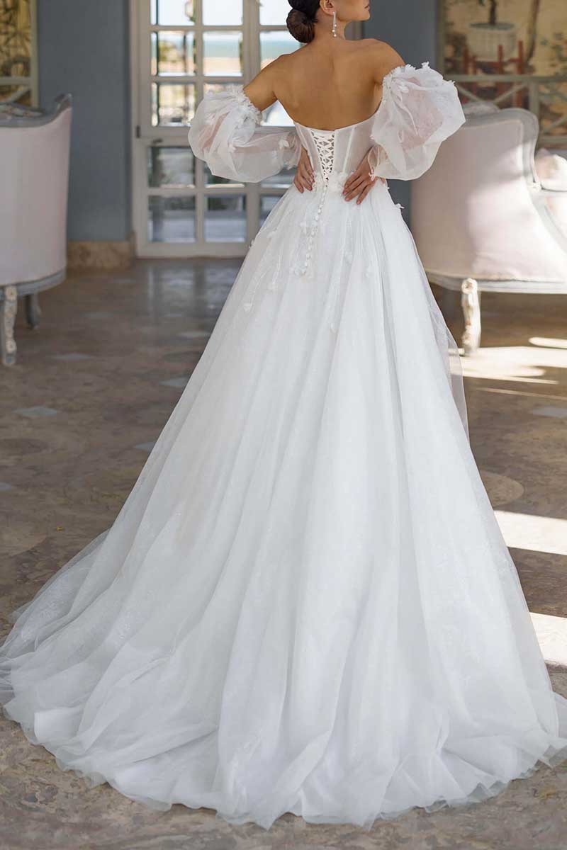 K1301 - V-Neck Strapless Long Sleeves Sheer Tulle A-Line Long Wedding Gown